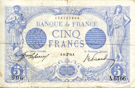 France 5 Francs Bleu - 11-06-1915 Série A.6166 - TTB