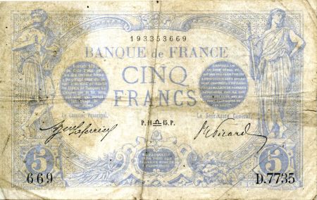 France 5 Francs Bleu - 11-09-1915 Série D.7735 - TB