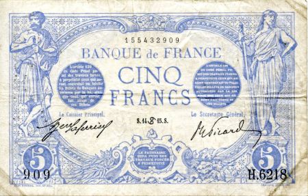 France 5 Francs Bleu - 14-06-1915 Série H.6218 - TTB
