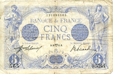 France 5 Francs Bleu - 16-04-1915 Série Q.5244 - TB