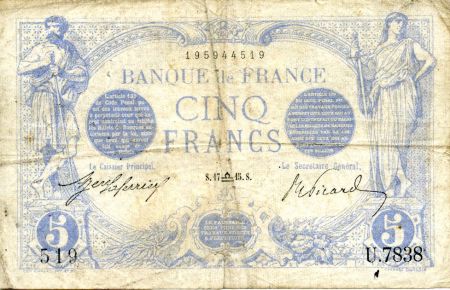 France 5 Francs Bleu - 17-09-1915 Série U.7838 - TB