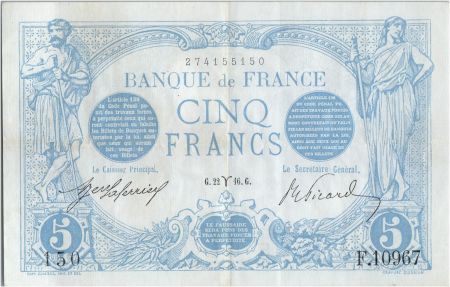 France 5 Francs Bleu - 22-03-1916 Série F.10967 TTB