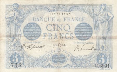 France 5 Francs Bleu - 24-07-1915 Série U.6891