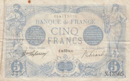 France 5 Francs Bleu - 26-08-1916 Série N.13565