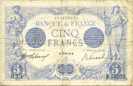 France 5 Francs Bleu - 29-01-1916 Série F.10076 - TB
