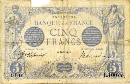 France 5 Francs Bleu - 29-01-1916 Série L.10074 - B