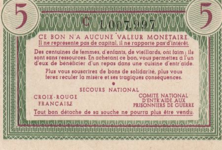 France 5 Francs Bon de Solidarité Repas de Famille 1941-1942 - Série C 1007997
