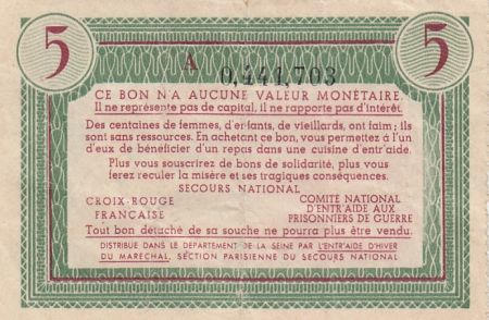 France 5 Francs Bon de Solidarité Repas de Famille 1941-1942 - TTB