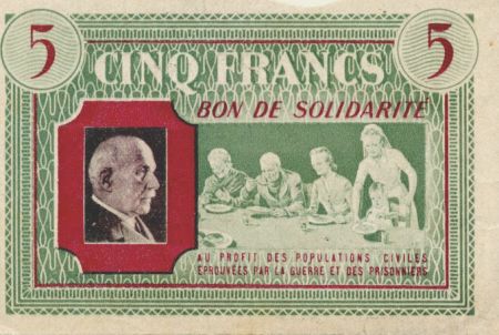 France 5 Francs Bon de Solidarité Repas de Famille 1941-1942 - TTB