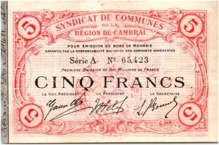 France 5 Francs Cambrai Commune - 1916