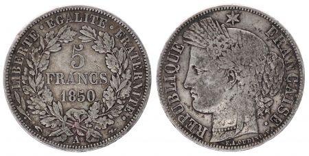 France 5 Francs Cèrès - 1850 A Paris - Argent - TTB