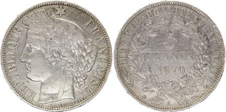 France 5 Francs Cérès - 3ème Rép. - 1870 A Paris - Argent