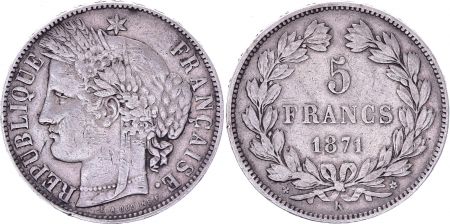 France 5 Francs Cérès - IIIeme République - 1871 K Bordeaux - TTB