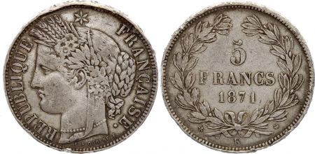France 5 Francs Cérès - IIIeme République - 1871 K Bordeaux