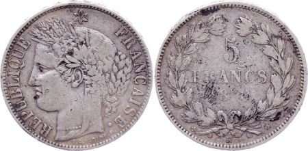 France 5 Francs Cérès 1870 - K Bordeaux - Sans Légende
