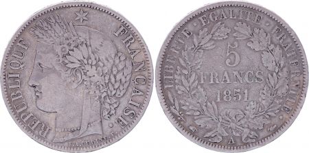 France 5 Francs Ceres IIe Republique - 1851 A Paris - Argent - TB+