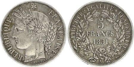 France 5 Francs Ceres IIe Republique - 1851 A Paris - Argent - TTB