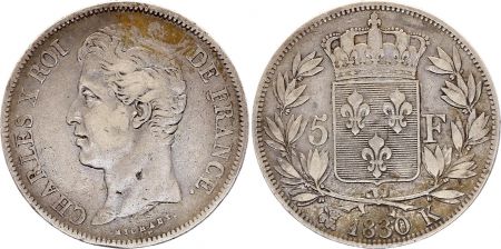 France 5 Francs Charles X - 2nd type - 1830 K Bordeaux - Argent - TTB