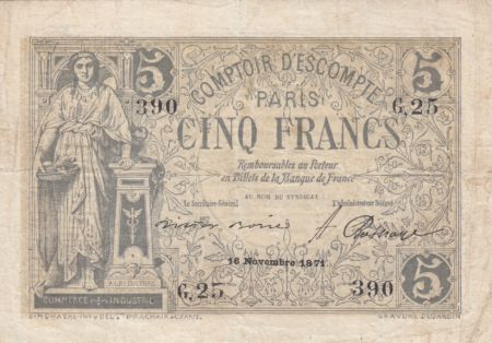 France 5 Francs Comptoir Escompte de Paris - 1871 - G.25