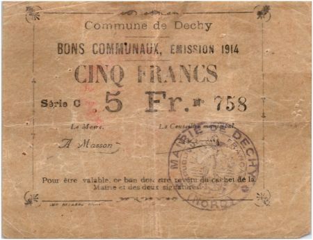 France 5 Francs Dechy Commune - 1914