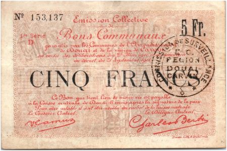 France 5 Francs Douai Commune - 1916