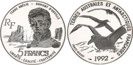 France 5 Francs Dumont d\'Urville - 1992 - Terres Australes et Antartiques Françaises - Belle Epreuve - Argent - Sans certificat