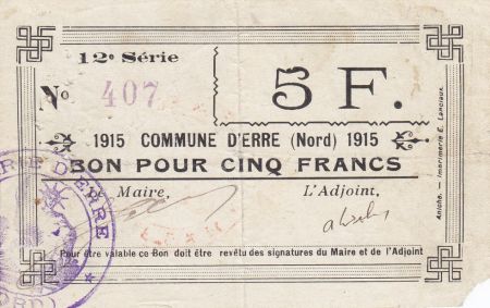 France 5 Francs Erre Commune - 1915