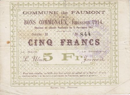 France 5 Francs Faumont Commune - 1914
