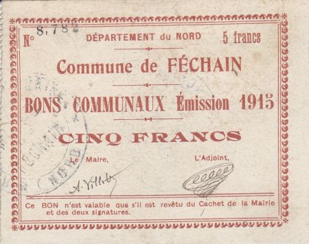 France 5 Francs Fechain Commune - 1915