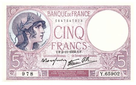 France 5 Francs Femme casquée modifiée - 02.11.1939 - Série Y.65902 - Fay04.14