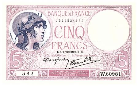 France 5 Francs Femme casquée modifiée - 17.08.1939 - Série W.60981 - F.4.6