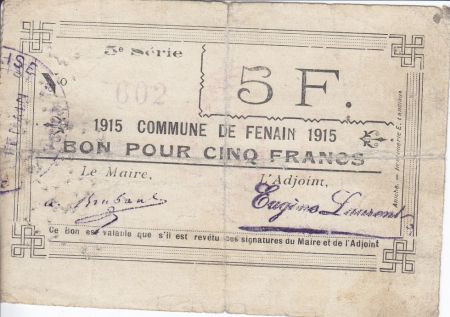 France 5 Francs Fenain Commune - 1915