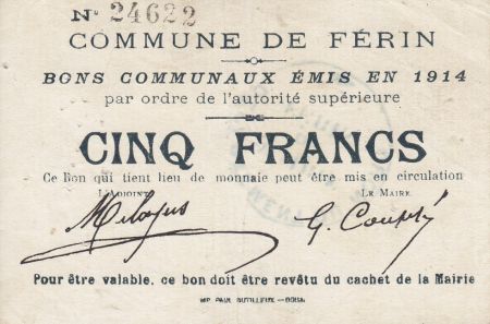 France 5 Francs Ferin Commune - 1914
