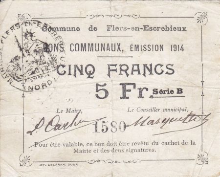 France 5 Francs Flers-En-Escrebieux Commune - 1914