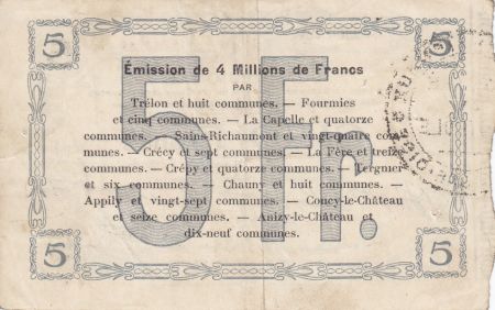 France 5 Francs Fourmies Commune - 1915