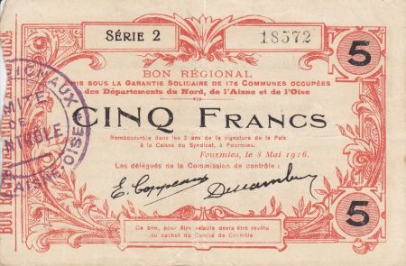 France 5 Francs Fourmies Commune - 1916