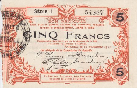 France 5 Francs Fourmies Commune - 1917