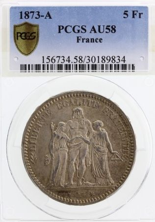 France 5 Francs Hercule - III e République - 1873 A - PCGS AU 58