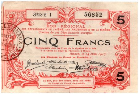 France 5 Francs Hirson Bon Régional - 1917