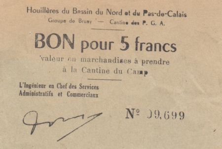 France 5 Francs Houillières du Pas de Calais - Prisonniers de Guerre 1940-1945