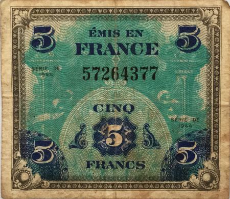 France 5 Francs Impr. américaine (drapeau) - 1944 - TB