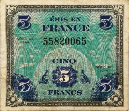 France 5 Francs Impr. américaine (drapeau) - 1944 - TTB