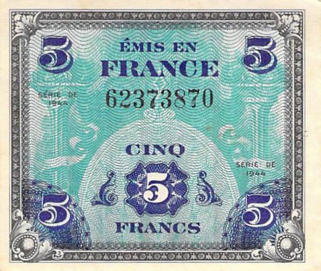 France 5 Francs Impr. américaine (drapeau) - 1944 Sans Série - TTB