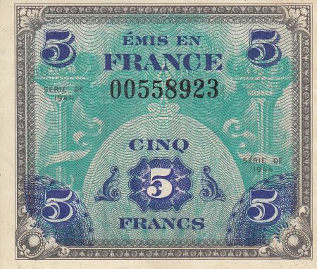 France 5 Francs Impr. américaine (drapeau) - 1944 sans série 00558923