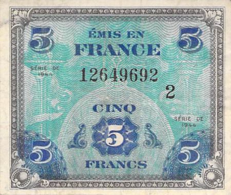 France 5 Francs Impr. américaine (drapeau) - 1944 Série 2 - TTB