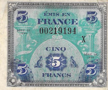 France 5 Francs Impr. américaine (drapeau) - 1944 Série X - TB