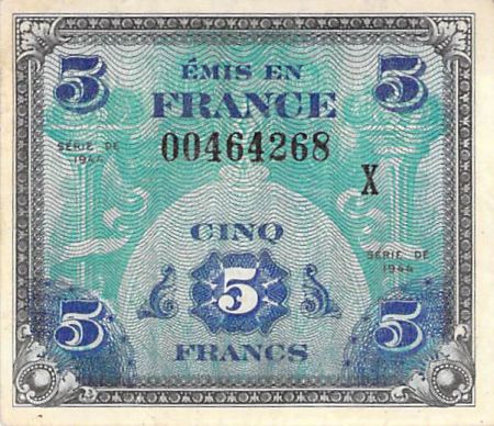 France 5 Francs Impr. américaine (drapeau) - 1944 Série X - TTB