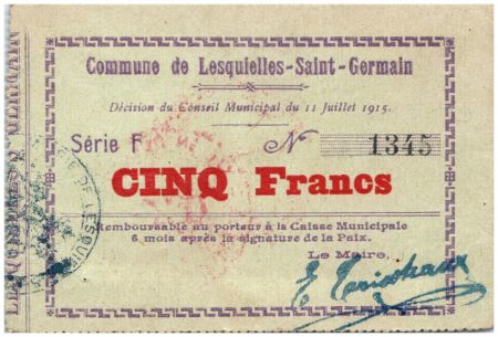 France 5 Francs Lesquielles-Saint-Germain Commune - Série F - 1915
