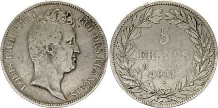 France 5 Francs Louis-Philippe 1831 B Rouen Argent - en creux - Argent