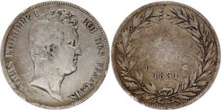 France 5 Francs Louis-Philippe 1831 D Lyon Argent - en creux - B